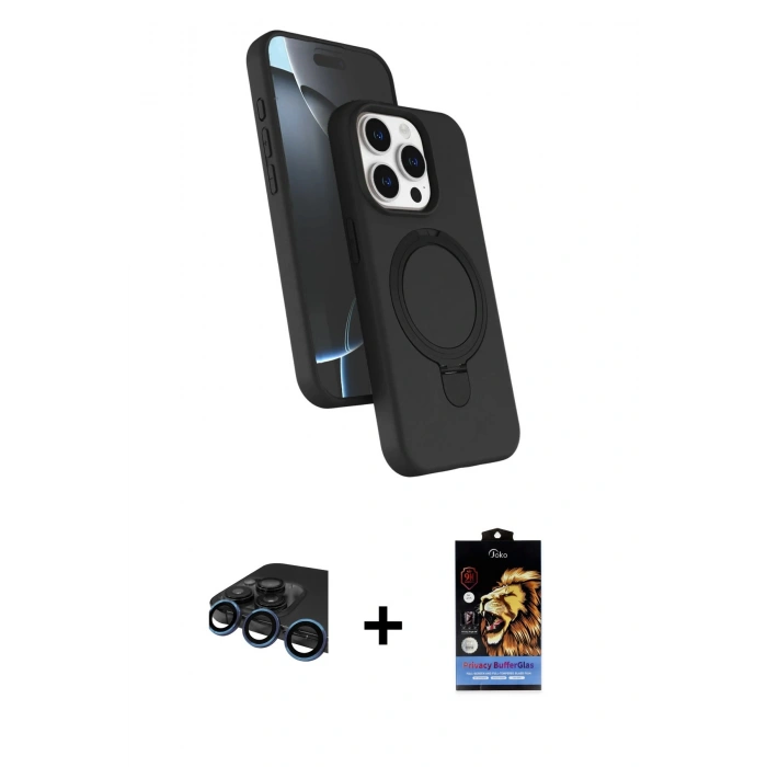 MARSİLYAN™- iPhone 15 Pro Max Kılıf İz Işık Koleksiyonu - Siyah Buffer Hayalet Cam Ekran Koruyucu + Raze Metal Kamera Lens - LT