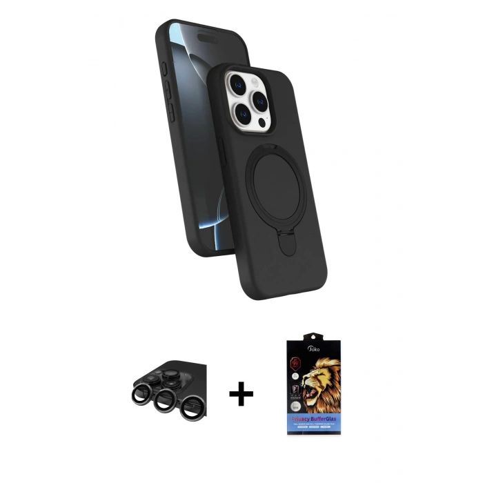 MARSİLYAN™- iPhone 15 Pro Max Kılıf İz Işık Koleksiyonu - Siyah Buffer Hayalet Cam Ekran Koruyucu + Raze Metal Kamera Lens - TMGI