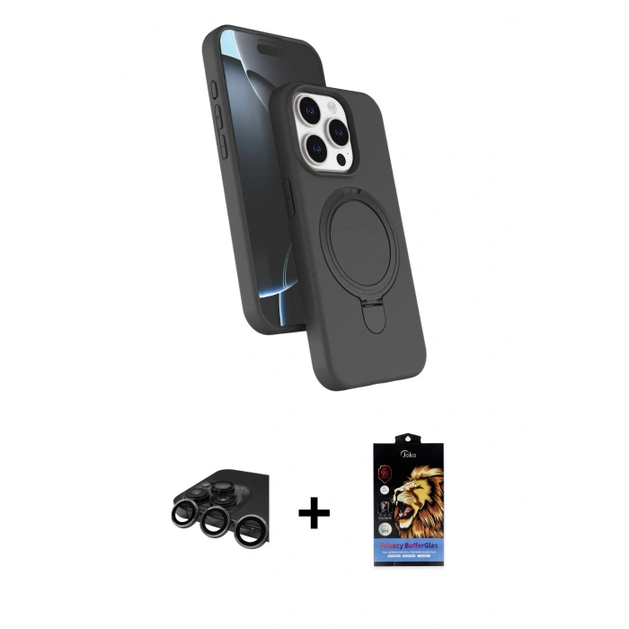 MARSİLYAN™- iPhone 15 Pro Max Kılıf İz Işık Koleksiyonu - Siyah Buffer Hayalet Cam Ekran Koruyucu + Raze Metal Kamera Lens - TMGI
