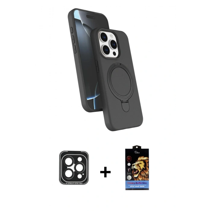 MARSİLYAN™- iPhone 15 Pro Max Kılıf İz Işık Koleksiyonu - Siyah Buffer Hayalet Cam Ekran Koruyucu + PVD Metal Kamera Lens - SH