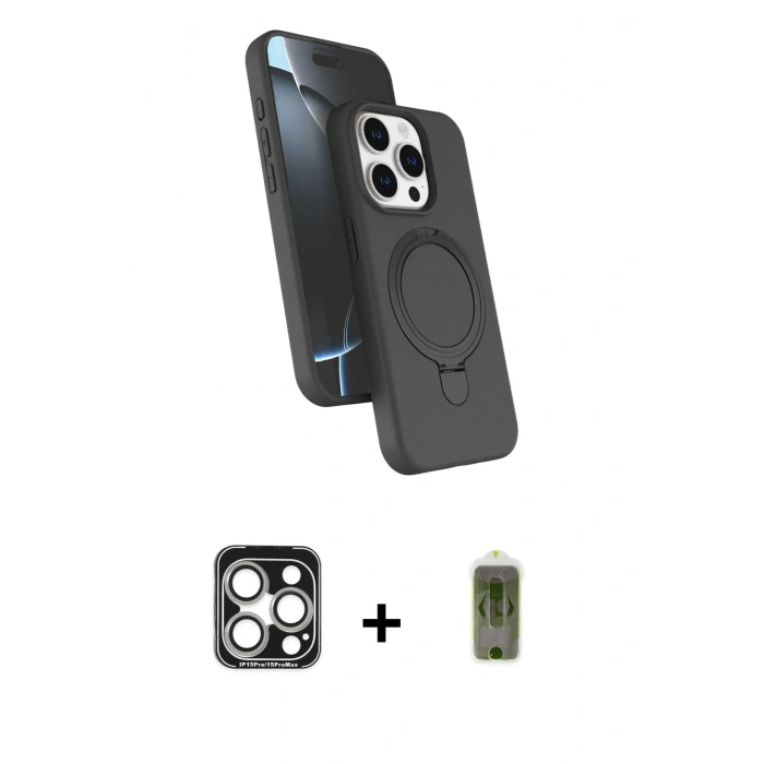 MARSİLYAN™- iPhone 15 Pro Max Kılıf İz Işık Koleksiyonu - Siyah Joko Magic 5D Hayalet Cam + PVD Metal Kamera Lens - GS