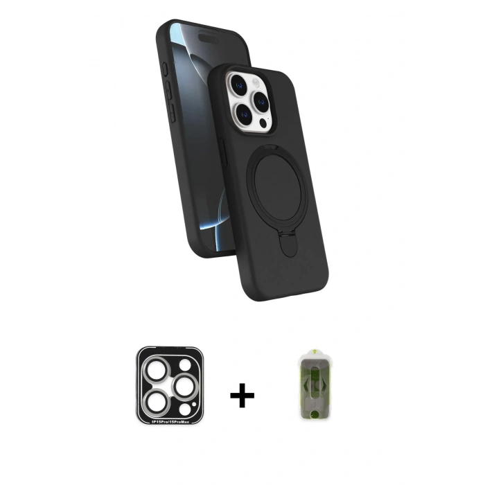 MARSİLYAN™- iPhone 15 Pro Max Kılıf İz Işık Koleksiyonu - Siyah Joko Magic 5D Hayalet Cam + PVD Metal Kamera Lens - GS