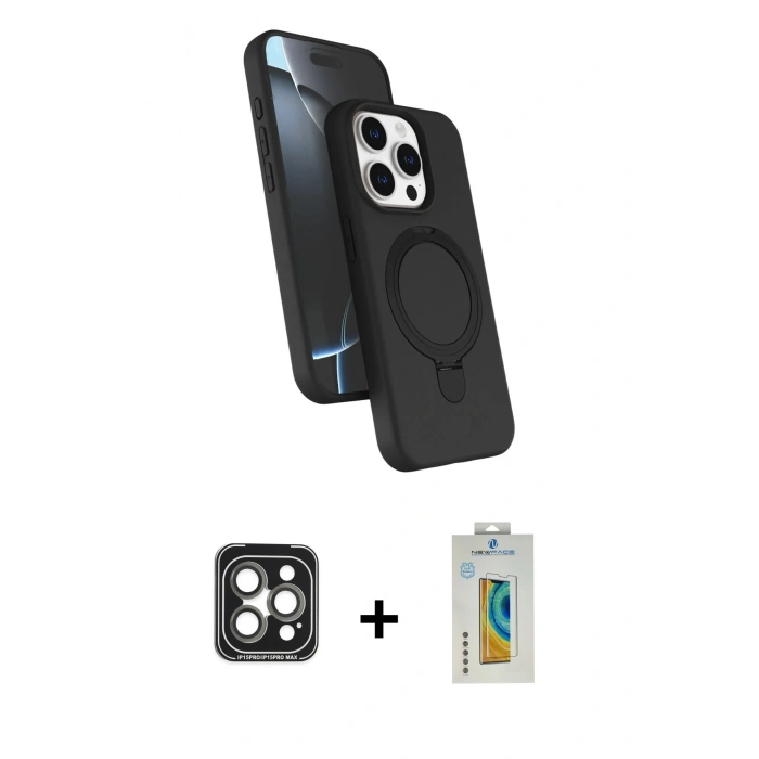MARSİLYAN™- iPhone 15 Pro Max Kılıf İz Işık Koleksiyonu - Siyah Polymer Nano Ekran Koruyucu + PVD Metal Kamera Lens - GI