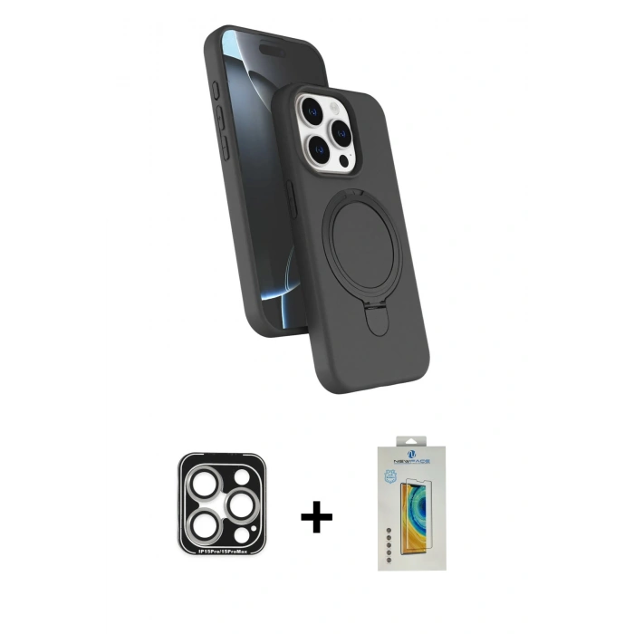 MARSİLYAN™- iPhone 15 Pro Max Kılıf İz Işık Koleksiyonu - Siyah Polymer Nano Ekran Koruyucu + PVD Metal Kamera Lens - GS