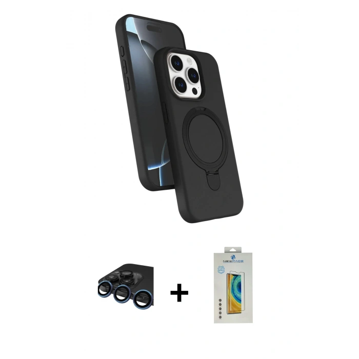 MARSİLYAN™- iPhone 15 Pro Max Kılıf İz Işık Koleksiyonu - Siyah Polymer Nano Ekran Koruyucu + Raze Metal Kamera Lens - LT