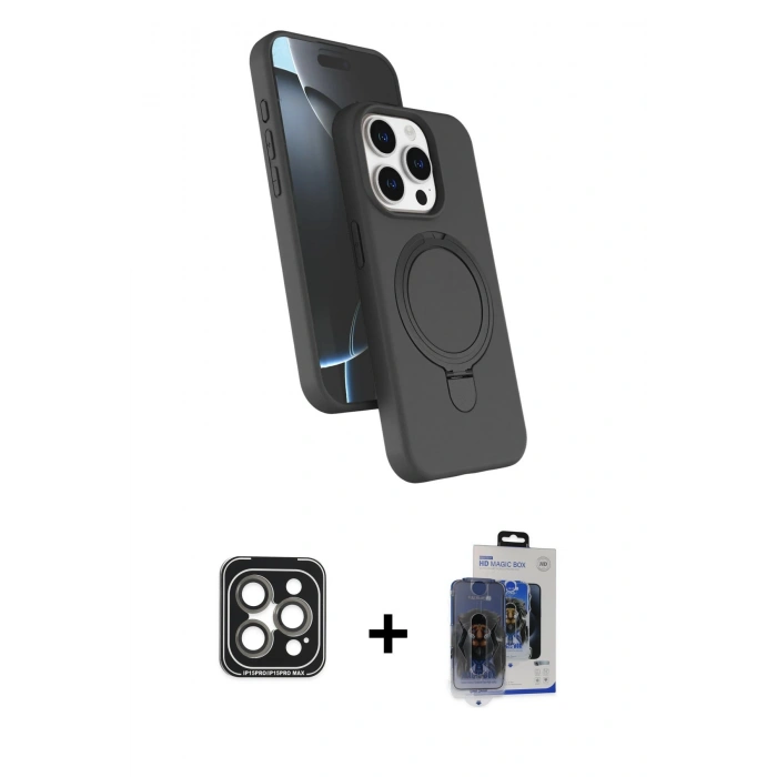 MARSİLYAN™- iPhone 15 Pro Max Kılıf İz Işık Koleksiyonu - Siyah Vanessa Magic Cam + PVD Metal Kamera Lens - GI