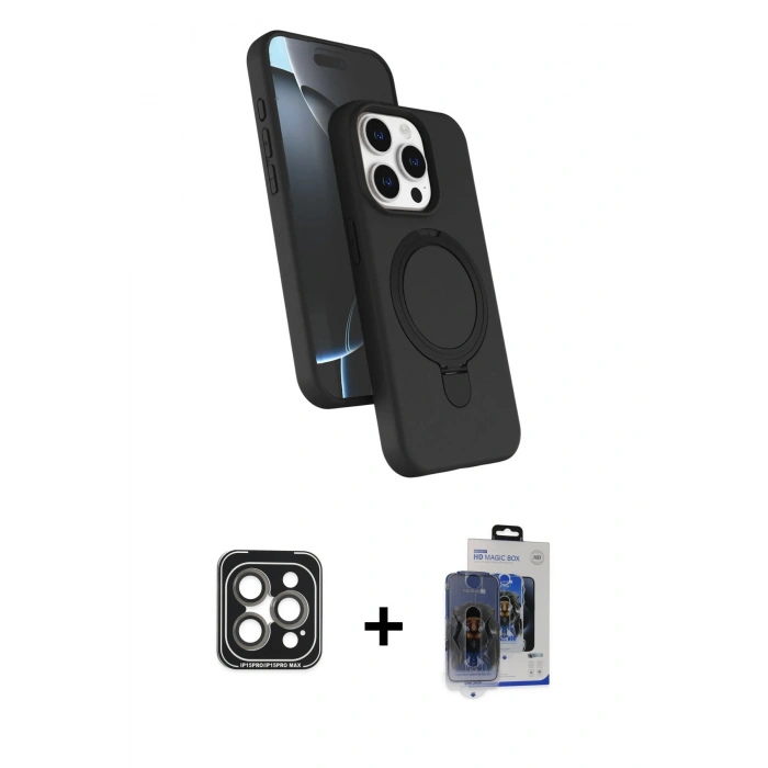 MARSİLYAN™- iPhone 15 Pro Max Kılıf İz Işık Koleksiyonu - Siyah Vanessa Magic Cam + PVD Metal Kamera Lens - GI
