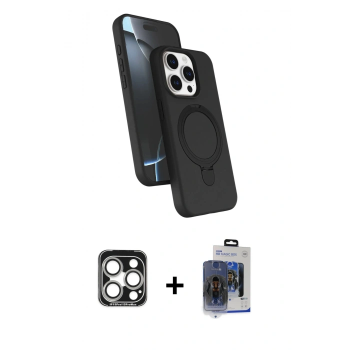 MARSİLYAN™- iPhone 15 Pro Max Kılıf İz Işık Koleksiyonu - Siyah Vanessa Magic Cam + PVD Metal Kamera Lens - GS