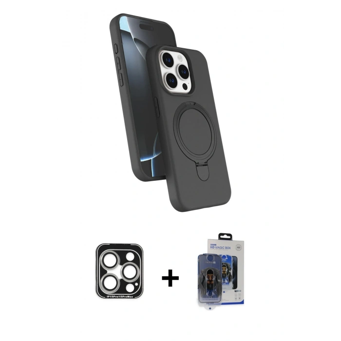 MARSİLYAN™- iPhone 15 Pro Max Kılıf İz Işık Koleksiyonu - Siyah Vanessa Magic Cam + PVD Metal Kamera Lens - GS