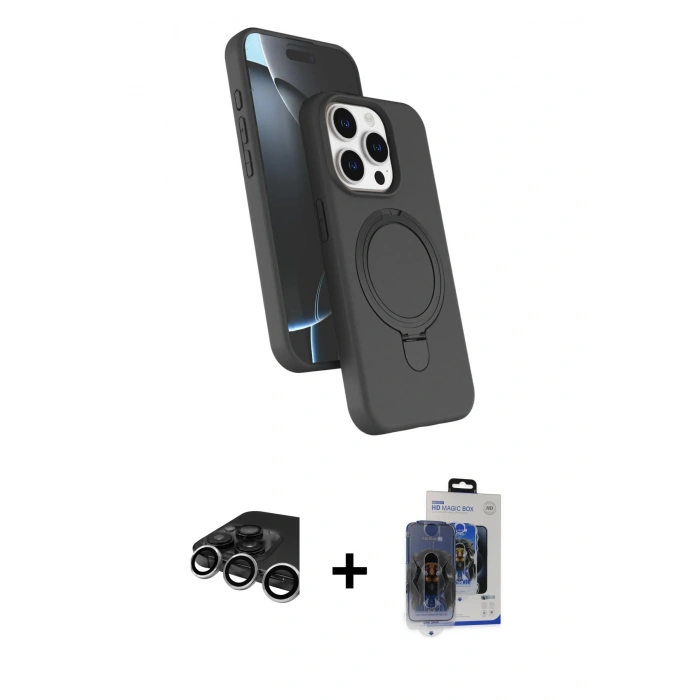 MARSİLYAN™- iPhone 15 Pro Max Kılıf İz Işık Koleksiyonu - Siyah Vanessa Magic Cam + Raze Metal Kamera Lens - GS