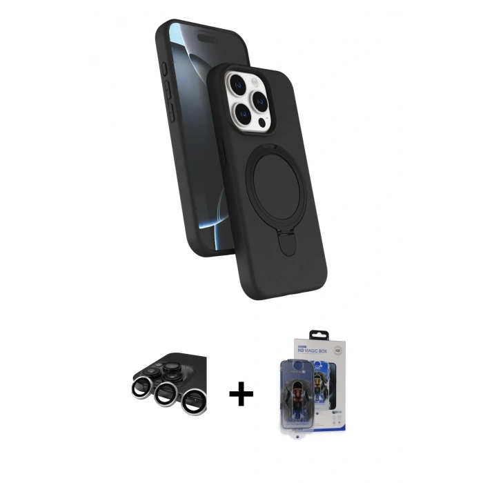 MARSİLYAN™- iPhone 15 Pro Max Kılıf İz Işık Koleksiyonu - Siyah Vanessa Magic Cam + Raze Metal Kamera Lens - GS