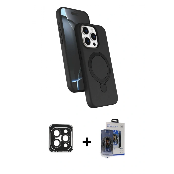 MARSİLYAN™- iPhone 15 Pro Max Kılıf İz Işık Koleksiyonu - Siyah Vanessa Magic Cam + PVD Metal Kamera Lens - SH