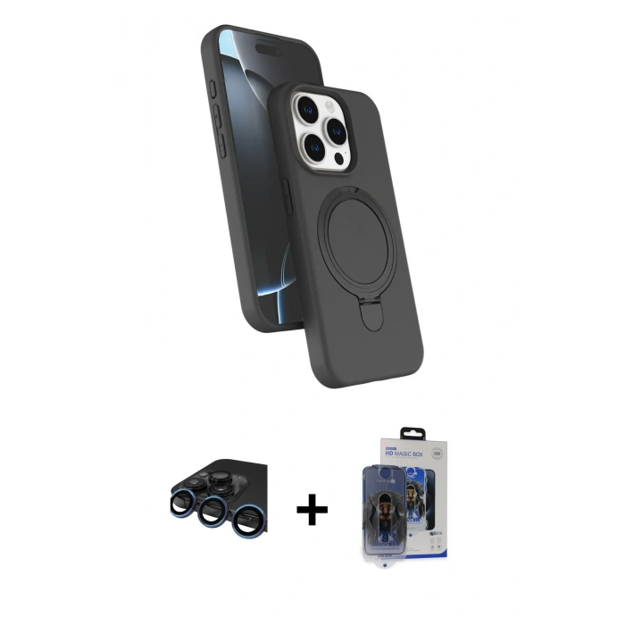 MARSİLYAN™- iPhone 15 Pro Max Kılıf İz Işık Koleksiyonu - Siyah Vanessa Magic Cam + Raze Metal Kamera Lens - LT