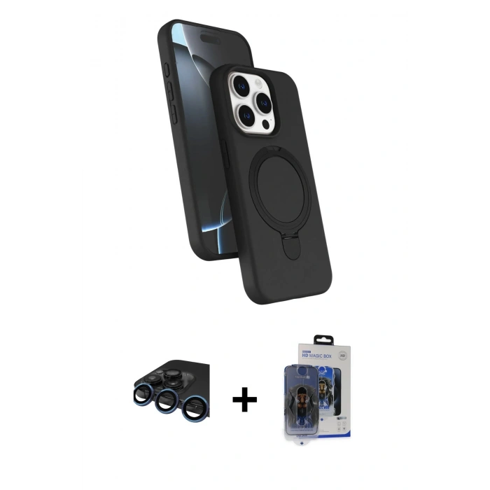 MARSİLYAN™- iPhone 15 Pro Max Kılıf İz Işık Koleksiyonu - Siyah Vanessa Magic Cam + Raze Metal Kamera Lens - LT