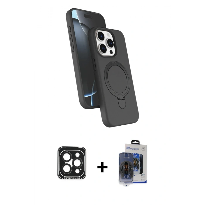 MARSİLYAN™- iPhone 15 Pro Max Kılıf İz Işık Koleksiyonu - Siyah Vanessa Magic Cam + PVD Metal Kamera Lens - SH