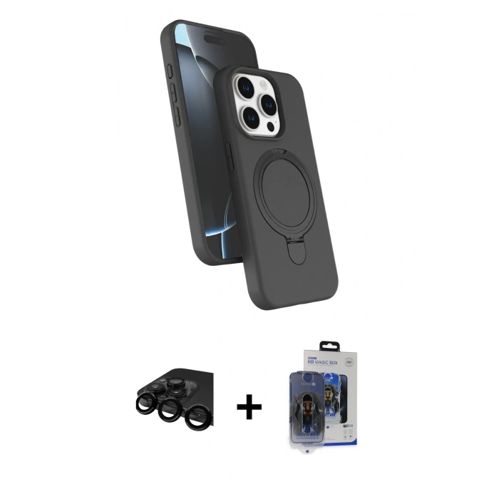 MARSİLYAN™- iPhone 15 Pro Max Kılıf İz Işık Koleksiyonu - Siyah Vanessa Magic Cam + Raze Metal Kamera Lens - SH