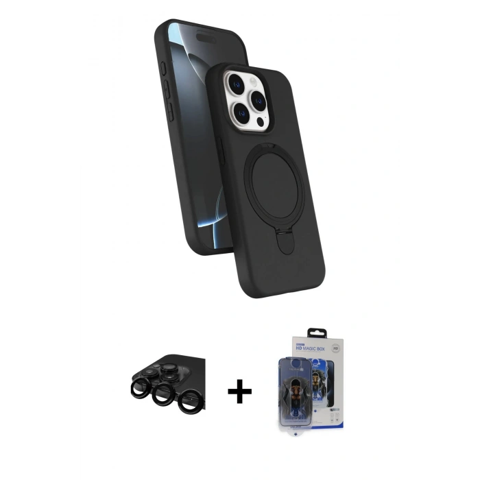 MARSİLYAN™- iPhone 15 Pro Max Kılıf İz Işık Koleksiyonu - Siyah Vanessa Magic Cam + Raze Metal Kamera Lens - SH