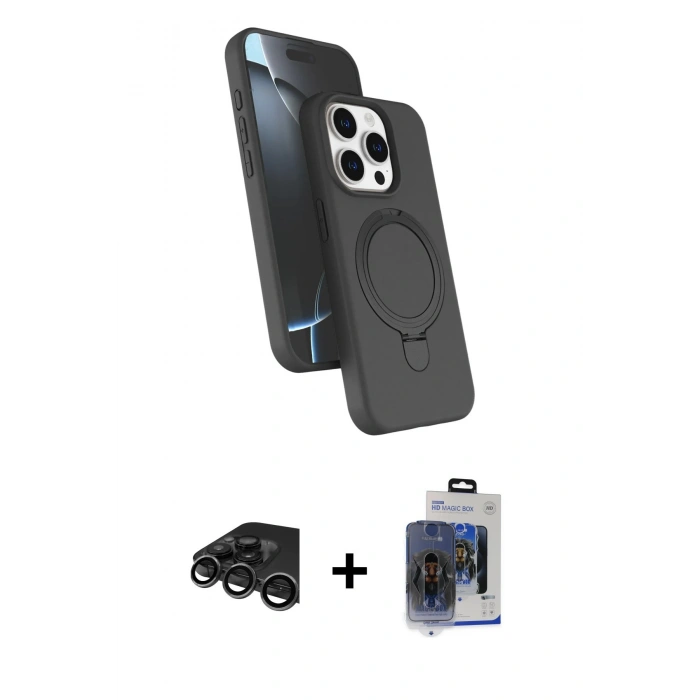 MARSİLYAN™- iPhone 15 Pro Max Kılıf İz Işık Koleksiyonu - Siyah Vanessa Magic Cam + Titanyum Gri Raze Metal Kamera Lens