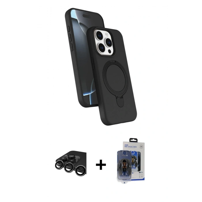 MARSİLYAN™- iPhone 15 Pro Max Kılıf İz Işık Koleksiyonu - Siyah Vanessa Magic Cam + Titanyum Gri Raze Metal Kamera Lens