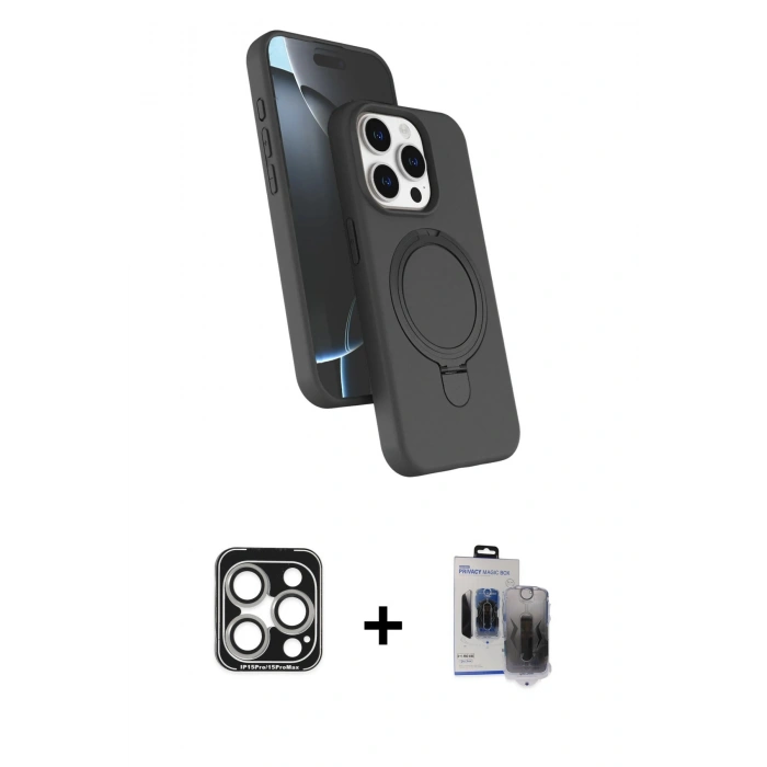MARSİLYAN™- iPhone 15 Pro Max Kılıf İz Işık Koleksiyonu - Siyah Vanessa Magic Hayalet Cam + PVD Metal Kamera Lens - GS