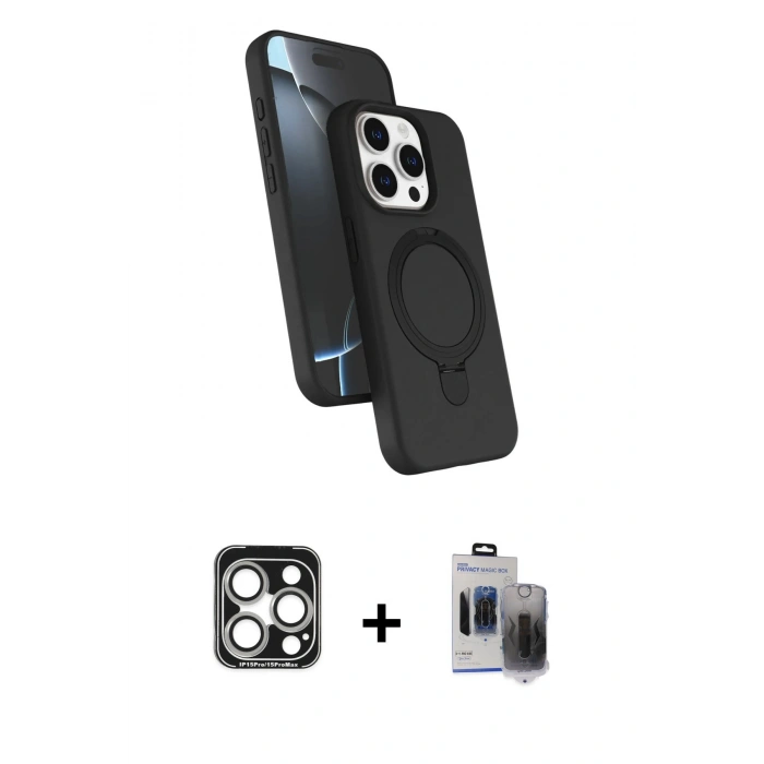MARSİLYAN™- iPhone 15 Pro Max Kılıf İz Işık Koleksiyonu - Siyah Vanessa Magic Hayalet Cam + PVD Metal Kamera Lens - GS