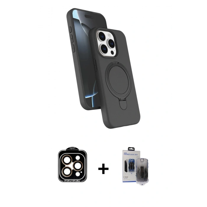 MARSİLYAN™- iPhone 15 Pro Max Kılıf İz Işık Koleksiyonu - Siyah Vanessa Magic Hayalet Cam + PVD Metal Kamera Lens - TU