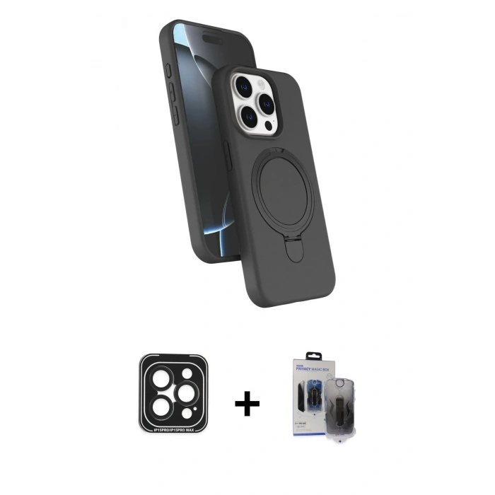 MARSİLYAN™- iPhone 15 Pro Max Kılıf İz Işık Koleksiyonu - Siyah Vanessa Magic Hayalet Cam + PVD Metal Kamera Lens - SH