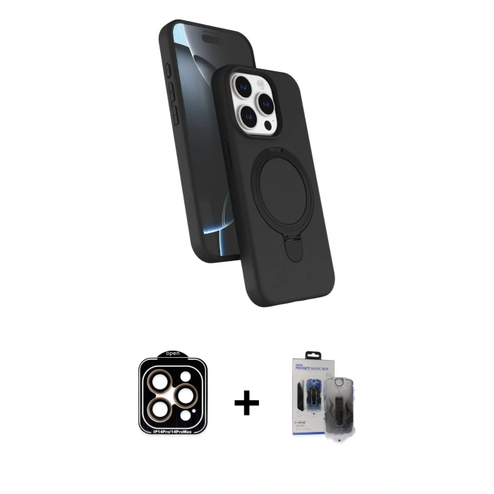 MARSİLYAN™- iPhone 15 Pro Max Kılıf İz Işık Koleksiyonu - Siyah Vanessa Magic Hayalet Cam + PVD Metal Kamera Lens - TU