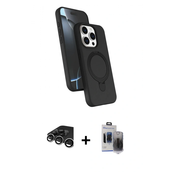 MARSİLYAN™- iPhone 15 Pro Max Kılıf İz Işık Koleksiyonu - Siyah Vanessa Magic Hayalet Cam + Raze Metal Kamera Lens - GS