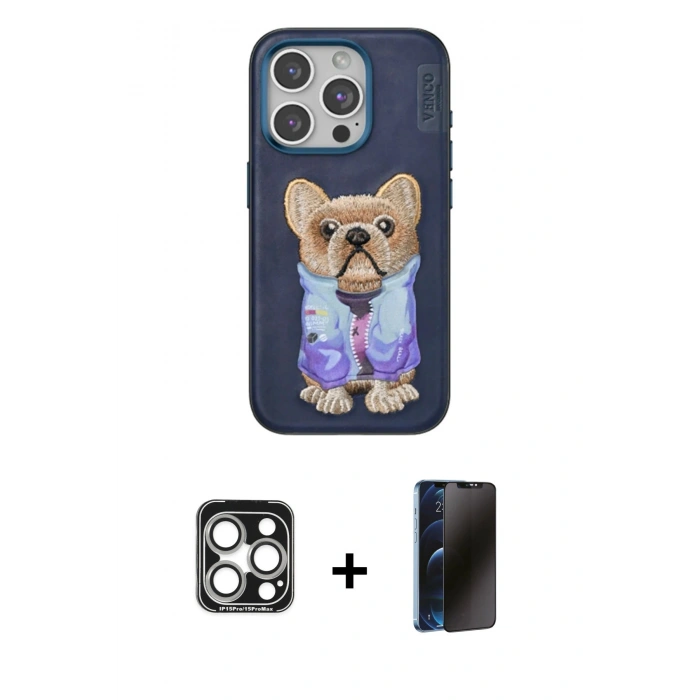 MARSİLYAN™- iPhone 15 Pro Max Kılıf İz Minimal Koleksiyonu - Siyah 3D Antistatik Hayalet Cam Ekran Koruyucu + PVD Metal Kamera Lens - GS