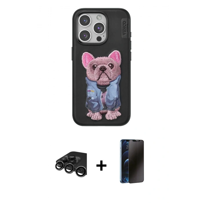 MARSİLYAN™- iPhone 15 Pro Max Kılıf İz Minimal Koleksiyonu - Siyah 3D Antistatik Hayalet Cam Ekran Koruyucu + Raze Metal Kamera Lens - TMGI