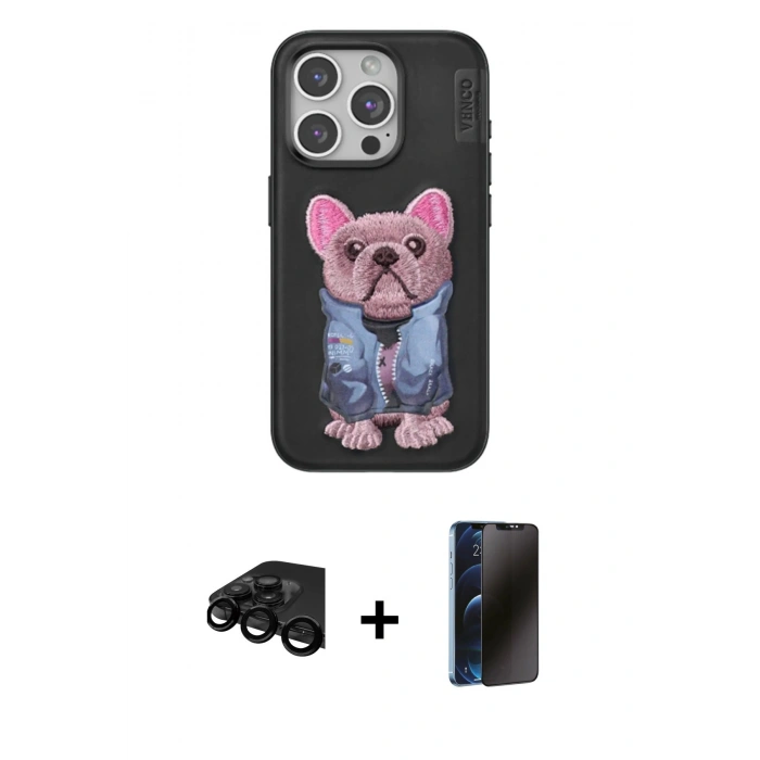 MARSİLYAN™- iPhone 15 Pro Max Kılıf İz Minimal Koleksiyonu - Siyah 3D Antistatik Hayalet Cam Ekran Koruyucu + Raze Metal Kamera Lens - SH