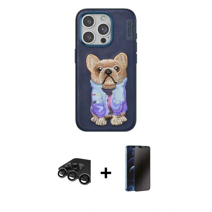 MARSİLYAN™- iPhone 15 Pro Max Kılıf İz Minimal Koleksiyonu - Siyah 3D Antistatik Hayalet Cam Ekran Koruyucu + Raze Metal Kamera Lens - TMGI