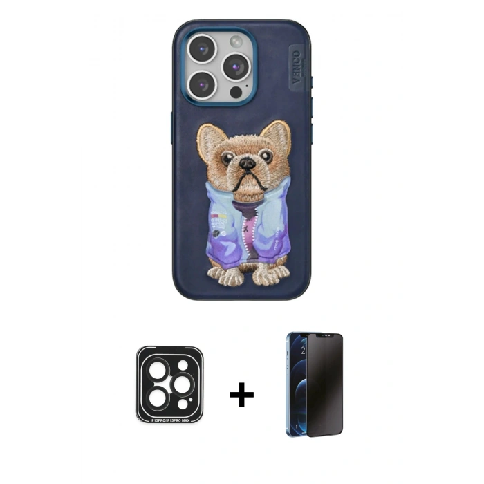 MARSİLYAN™- iPhone 15 Pro Max Kılıf İz Minimal Koleksiyonu - Siyah 3D Antistatik Hayalet Cam Ekran Koruyucu + PVD Metal Kamera Lens - SH