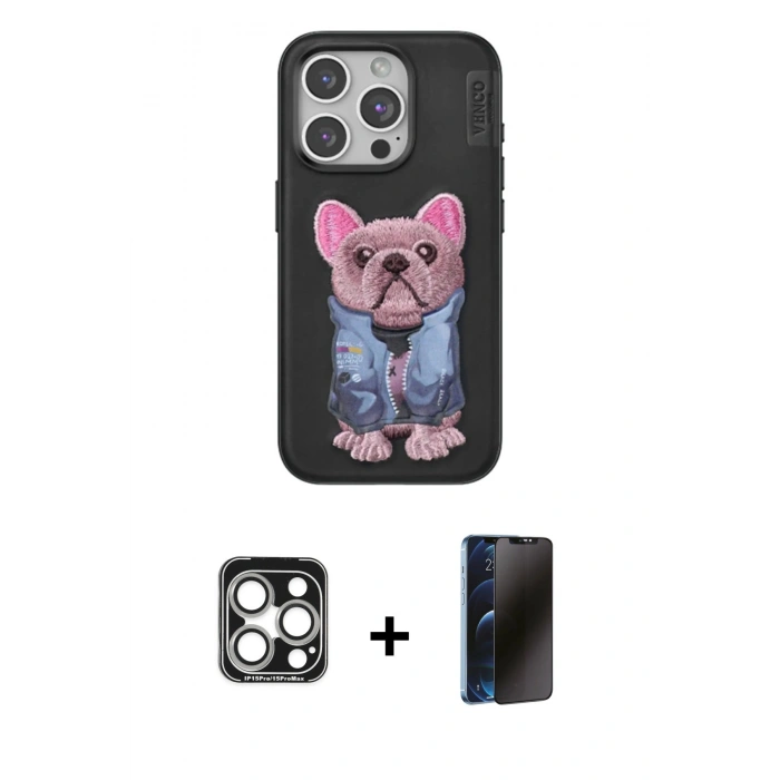 MARSİLYAN™- iPhone 15 Pro Max Kılıf İz Minimal Koleksiyonu - Siyah 3D Antistatik Hayalet Cam Ekran Koruyucu + PVD Metal Kamera Lens - GS