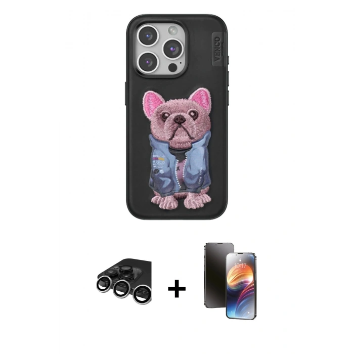 MARSİLYAN™- iPhone 15 Pro Max Kılıf İz Minimal Koleksiyonu - Siyah 3D Antistatik Mat Seramik Nano Ekran Koruyucu + Gümüş Raze Metal Kamera Lens