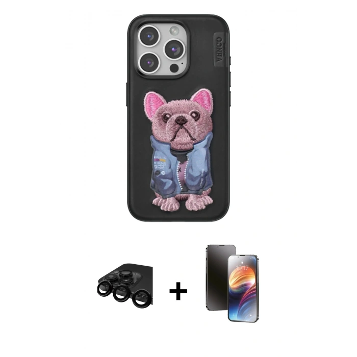 MARSİLYAN™- iPhone 15 Pro Max Kılıf İz Minimal Koleksiyonu - Siyah 3D Antistatik Mat Seramik Nano Ekran Koruyucu + Raze Metal Kamera Lens - SH