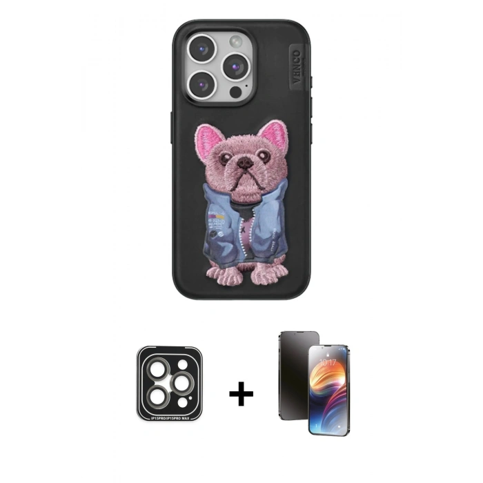MARSİLYAN™- iPhone 15 Pro Max Kılıf İz Minimal Koleksiyonu - Siyah 3D Antistatik Mat Seramik Nano Ekran Koruyucu + Gri PVD Metal Kamera Lens