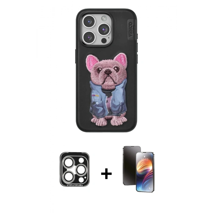 MARSİLYAN™- iPhone 15 Pro Max Kılıf İz Minimal Koleksiyonu - Siyah 3D Antistatik Mat Seramik Nano Ekran Koruyucu + PVD Metal Kamera Lens - GS