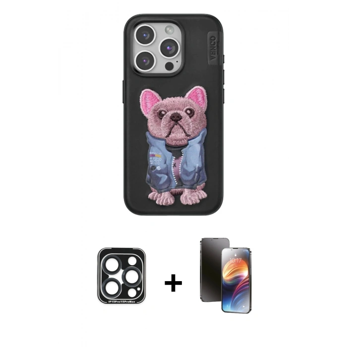MARSİLYAN™- iPhone 15 Pro Max Kılıf İz Minimal Koleksiyonu - Siyah 3D Antistatik Mat Seramik Nano Ekran Koruyucu + PVD Metal Kamera Lens - LT