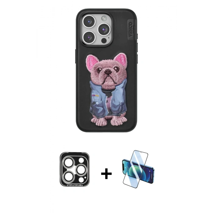 MARSİLYAN™- iPhone 15 Pro Max Kılıf İz Minimal Koleksiyonu - Siyah 3D Antistatik Seramik Nano Ekran Koruyucu + PVD Metal Kamera Lens - GS