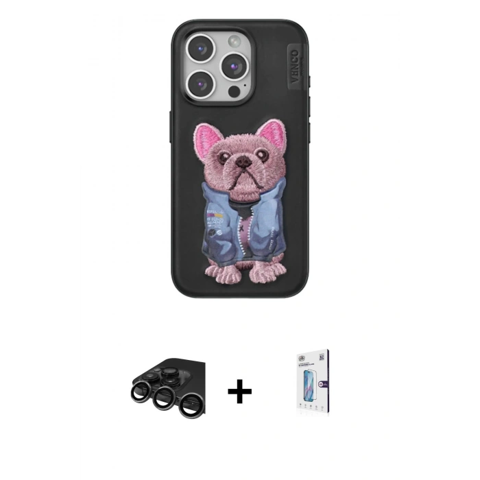 MARSİLYAN™- iPhone 15 Pro Max Kılıf İz Minimal Koleksiyonu - Siyah Bilvis 0.18mm Plus Cam Ekran Koruyucu + Raze Metal Kamera Lens - TMGI