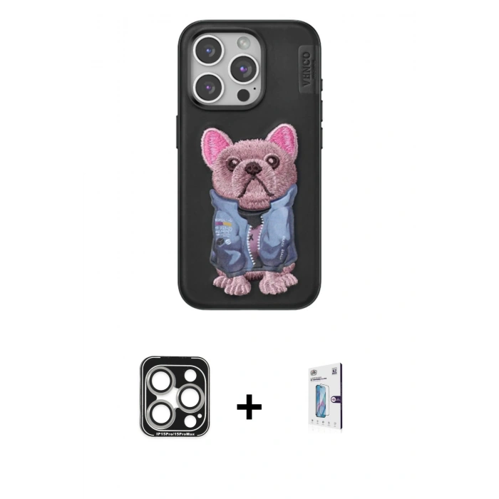 MARSİLYAN™- iPhone 15 Pro Max Kılıf İz Minimal Koleksiyonu - Siyah Bilvis 0.18mm Plus Cam Ekran Koruyucu + PVD Metal Kamera Lens - GS