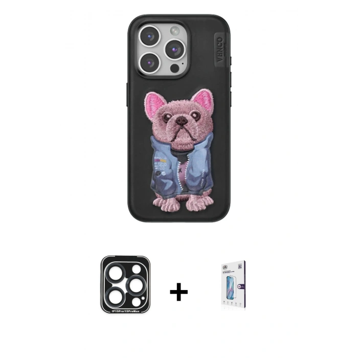 MARSİLYAN™- iPhone 15 Pro Max Kılıf İz Minimal Koleksiyonu - Siyah Bilvis 0.18mm Plus Cam Ekran Koruyucu + Lacivert PVD Metal Kamera Lens