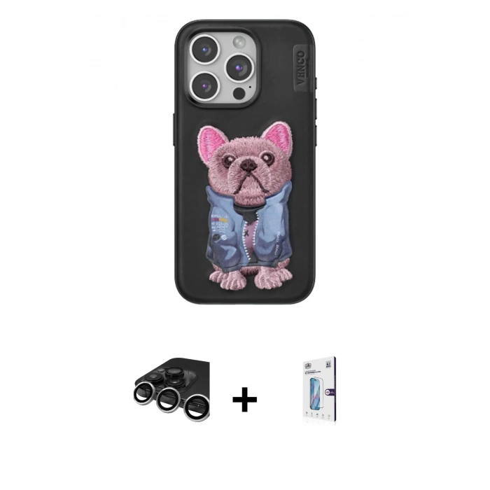 MARSİLYAN™- iPhone 15 Pro Max Kılıf İz Minimal Koleksiyonu - Siyah Bilvis 0.18mm Plus Cam Ekran Koruyucu + Raze Metal Kamera Lens - GS