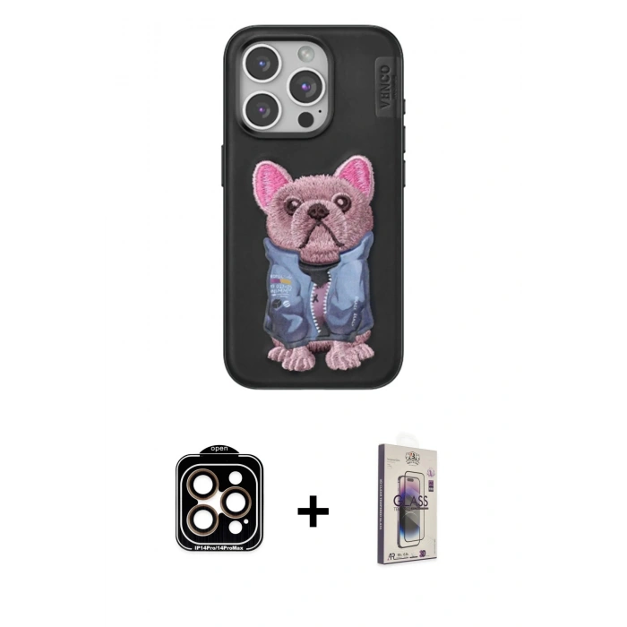 MARSİLYAN™- iPhone 15 Pro Max Kılıf İz Minimal Koleksiyonu - Siyah Bilvis 3D Cam Ekran Koruyucu + PVD Metal Kamera Lens - TU