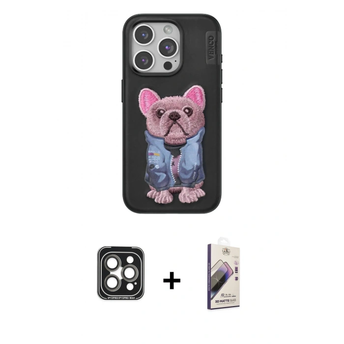 MARSİLYAN™- iPhone 15 Pro Max Kılıf İz Minimal Koleksiyonu - Siyah Bilvis 3D Mat Cam Ekran Koruyucu + PVD Metal Kamera Lens - GI