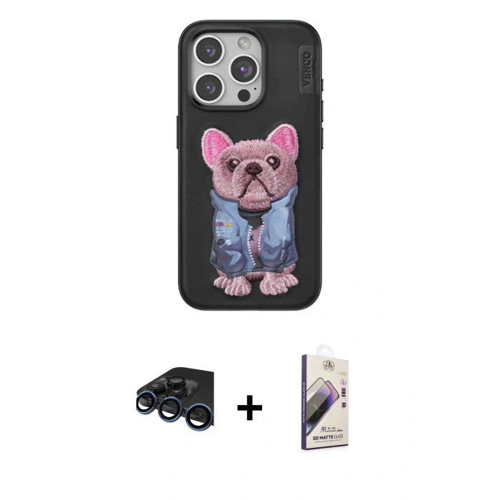 MARSİLYAN™- iPhone 15 Pro Max Kılıf İz Minimal Koleksiyonu - Siyah Bilvis 3D Mat Cam Ekran Koruyucu + Raze Metal Kamera Lens - LT