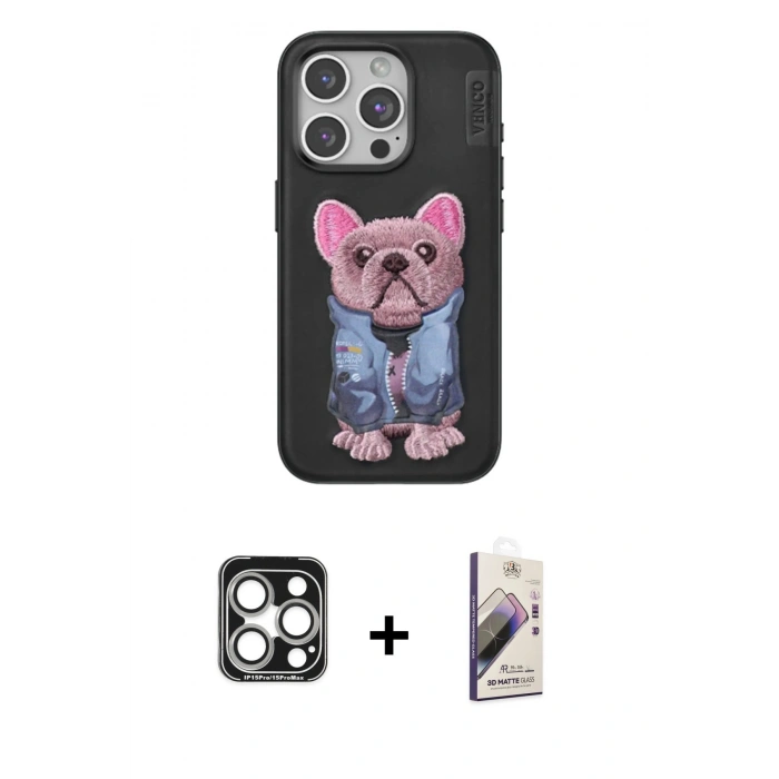 MARSİLYAN™- iPhone 15 Pro Max Kılıf İz Minimal Koleksiyonu - Siyah Bilvis 3D Mat Cam Ekran Koruyucu + PVD Metal Kamera Lens - GS