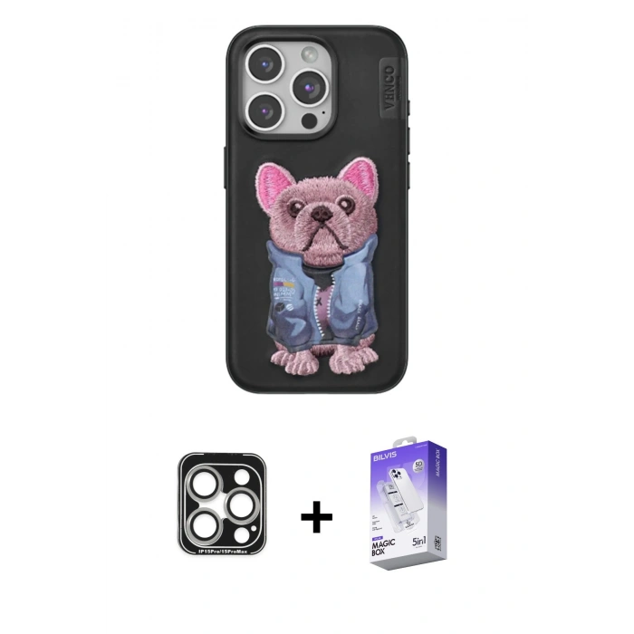 MARSİLYAN™- iPhone 15 Pro Max Kılıf İz Minimal Koleksiyonu - Siyah Bilvis 5in1 3D Magic Cam Ekran Koruyucu + PVD Metal Kamera Lens - GS
